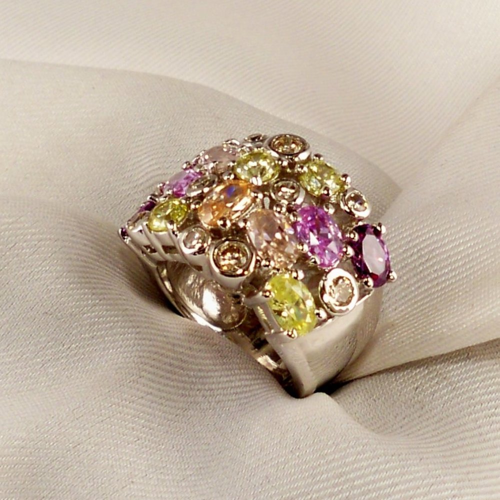 New Vintage Charles Winston Multi colors & Bezel Cubic Zirconias Silver Ring